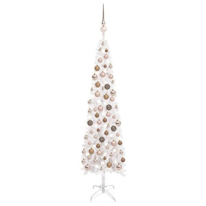 Smukła choinka z lampkami LED i bombkami, biała, 120 cm