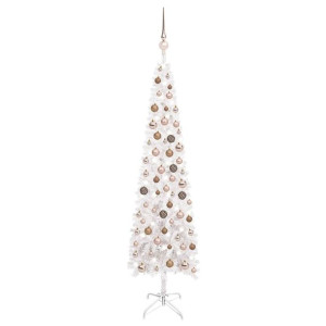 Smukła choinka z lampkami LED i bombkami, biała, 150 cm