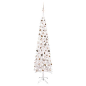 Smukła choinka z lampkami LED i bombkami, biała, 240 cm