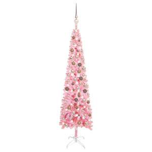 Smukła choinka z lampkami LED i bombkami, różowa, 150 cm