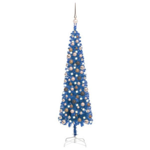 Smukła choinka z lampkami LED i bombkami, niebieska, 120 cm