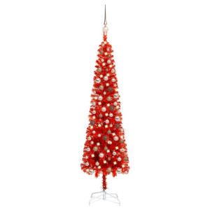 Smukła choinka z lampkami LED i bombkami, czerwona, 150 cm