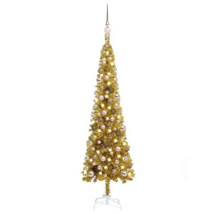 Smukła choinka z lampkami LED i bombkami, złota, 120 cm