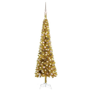 Smukła choinka z lampkami LED i bombkami, złota, 150 cm