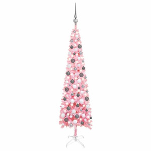 Smukła choinka z lampkami LED i bombkami, różowa, 150 cm