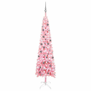 Smukła choinka z lampkami LED i bombkami, różowa, 240 cm