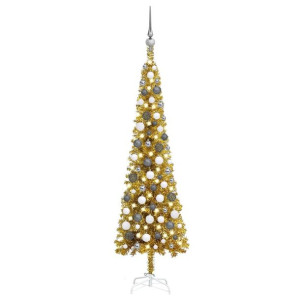 Smukła choinka z lampkami LED i bombkami, złota, 120 cm