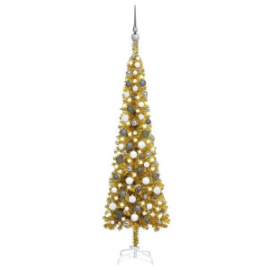 Smukła choinka z lampkami LED i bombkami, złota, 150 cm
