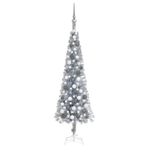 Smukła choinka z lampkami LED i bombkami, srebrna, 120 cm