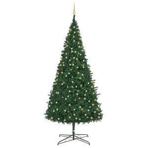 Sztuczna choinka z lampkami LED i bombkami, 400 cm, zielona