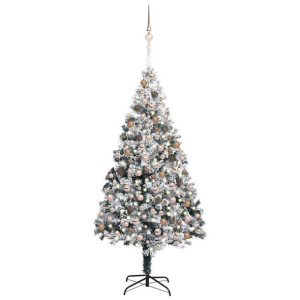 Sztuczna choinka ośnieżona, z LED i bombkami, zielona, 300 cm