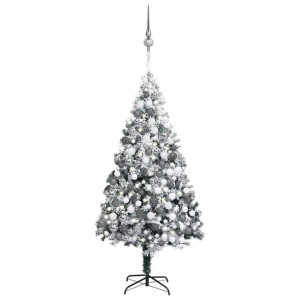 Sztuczna choinka ośnieżona, z LED i bombkami, zielona, 300 cm