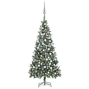 Sztuczna choinka z lampkami LED, bombkami i szyszkami, 210 cm