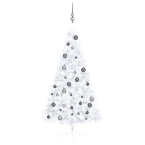 Sztuczna choinka z LED i bombkami, połówka, biała, 150 cm