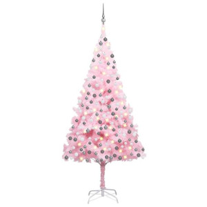 Sztuczna choinka z lampkami LED i bombkami, różowa, 210 cm, PVC