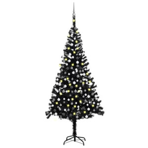 Sztuczna choinka z LED i bombkami, czarna, 240 cm, PVC