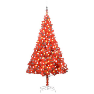 Sztuczna choinka z LED i bombkami, czerwona, 210 cm, PVC