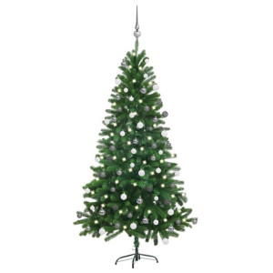 Sztuczna choinka z lampkami LED i bombkami, zielona, 150 cm