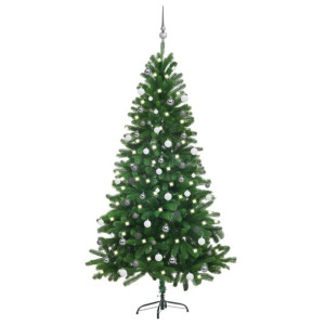 Sztuczna choinka z lampkami LED i bombkami, 180 cm, zielona