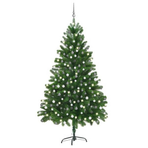Sztuczna choinka z lampkami LED i bombkami, zielona, 210 cm