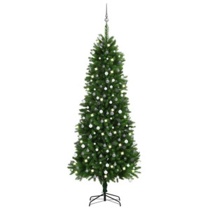 Sztuczna choinka z lampkami LED i bombkami, 240 cm, zielona