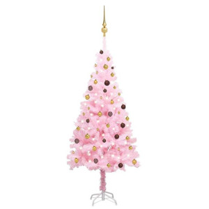 Sztuczna choinka z LED i bombkami, różowa, 210 cm, PVC