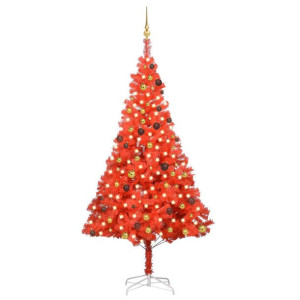 Sztuczna choinka z LED i bombkami, czerwona, 240 cm, PVC
