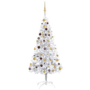 Sztuczna choinka z LED i bombkami, srebrna, 180 cm, PET