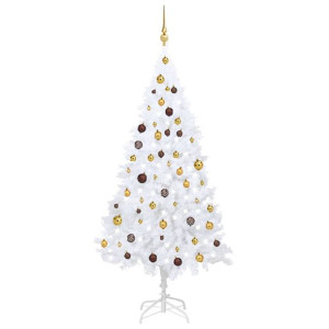 Sztuczna choinka z lampkami LED i bombkami, biała, 180 cm, PVC