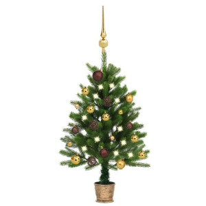 Sztuczna choinka z lampkami LED i bombkami, 90 cm, zielona
