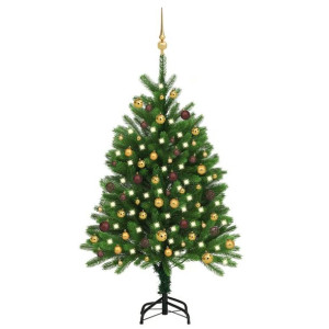 Sztuczna choinka z lampkami LED i bombkami, 120 cm, zielona