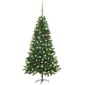 Sztuczna choinka z lampkami LED i bombkami, zielona, 150 cm