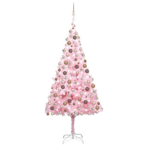 Sztuczna choinka z lampkami LED i bombkami, różowa, 210 cm, PVC