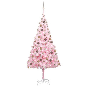 Sztuczna choinka z LED i bombkami, różowa, 240 cm, PVC