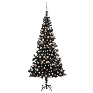 Sztuczna choinka z LED i bombkami, czarna, 240 cm, PVC