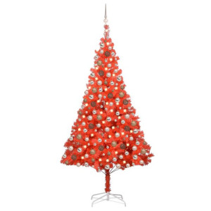 Sztuczna choinka z LED i bombkami, czerwona, 210 cm, PVC