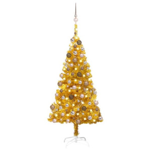 Sztuczna choinka z LED i bombkami, złota, 120 cm, PET
