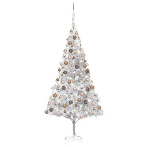 Sztuczna choinka z LED i bombkami, srebrna, 210 cm, PET