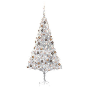 Sztuczna choinka z LED i bombkami, srebrna, 240 cm, PET