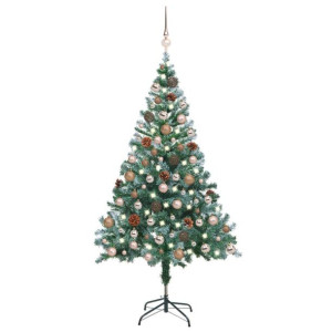 Sztuczna oszroniona choinka z LED, bombkami i szyszkami, 150 cm