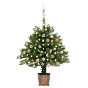 Sztuczna choinka z lampkami LED i bombkami, 90 cm, zielona