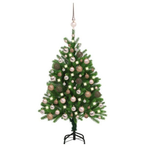 Sztuczna choinka z lampkami LED i bombkami, 120 cm, zielona