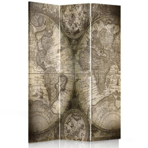 Parawan DO BIURA dwustronny, Antyczna MAPA ŚWIATA 110x170