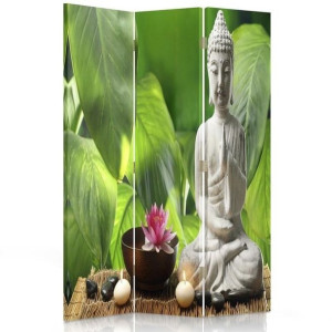 Parawan 3-panelowy do SALONU SPA dwustronny, Budda na tle liści 110x170