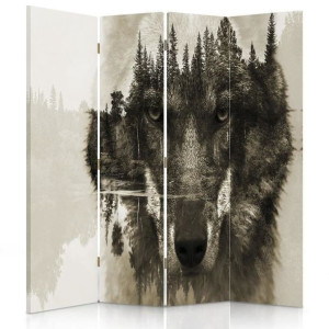 Parawan dwustronny, Wilk na tle lasu w brązach 145x170