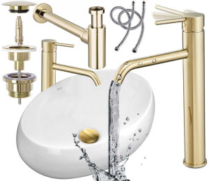 Zestaw Umywalka Linda Bateria Gold Syfon Korek Rea