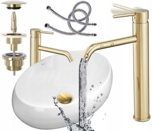 Zestaw Umywalka Linda Bateria Złota Gold Korek Rea