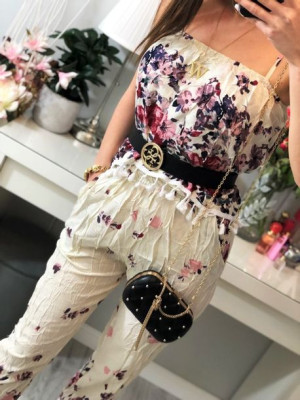 Ana Sofía elegancki długi beżowy  kombinezon w kwiaty na ramiączkach w styl