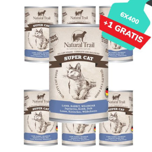 Natural Trail Super Cat Jagnięcina Królik Dzik Bezzbożowa  6 x 400 g + 400