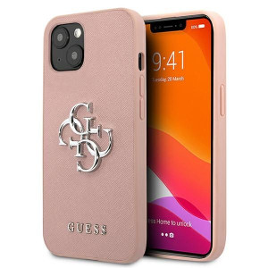 Guess Saffiano 4G Metal Logo | Etui do iPhone 13 Mini - PINK